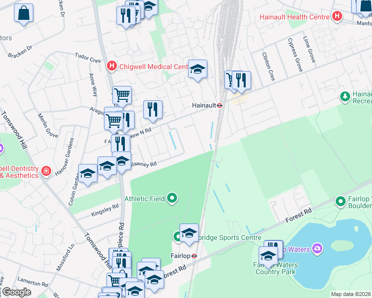 map of restaurants, bars, coffee shops, grocery stores, and more near in Ilford