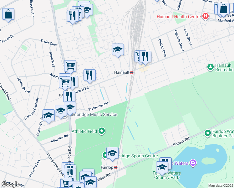 map of restaurants, bars, coffee shops, grocery stores, and more near in Ilford