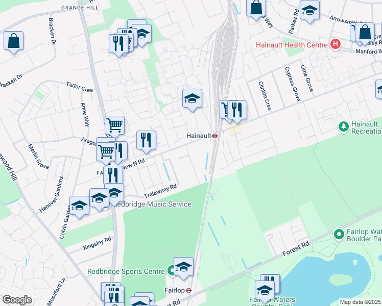 map of restaurants, bars, coffee shops, grocery stores, and more near 1A Hazelbrouck Gardens in Greater London