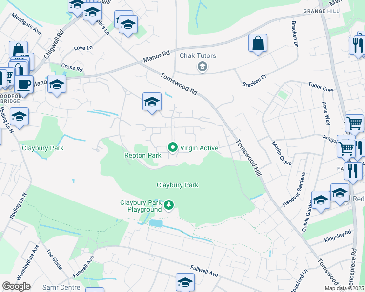 map of restaurants, bars, coffee shops, grocery stores, and more near Richmond Drive in Greater London