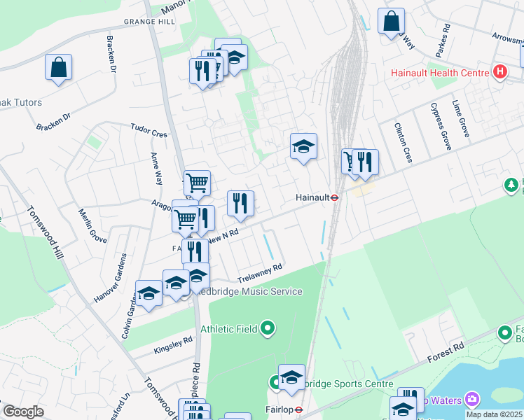 map of restaurants, bars, coffee shops, grocery stores, and more near in Ilford