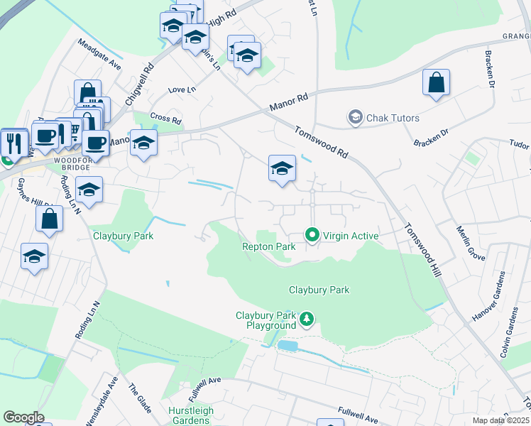 map of restaurants, bars, coffee shops, grocery stores, and more near 30 Rosebury Square in Woodford