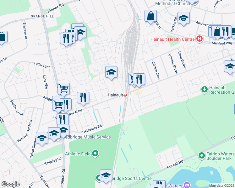map of restaurants, bars, coffee shops, grocery stores, and more near in Ilford