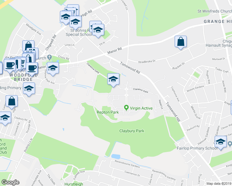 map of restaurants, bars, coffee shops, grocery stores, and more near 30 Rosebury Square in Woodford