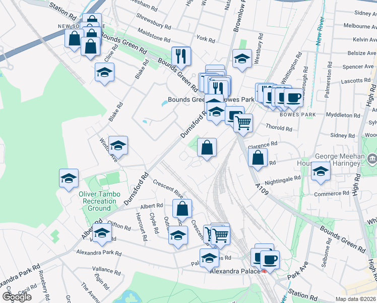 map of restaurants, bars, coffee shops, grocery stores, and more near Park Grove in Greater London