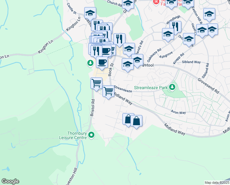 map of restaurants, bars, coffee shops, grocery stores, and more near Midland Way in Thornbury
