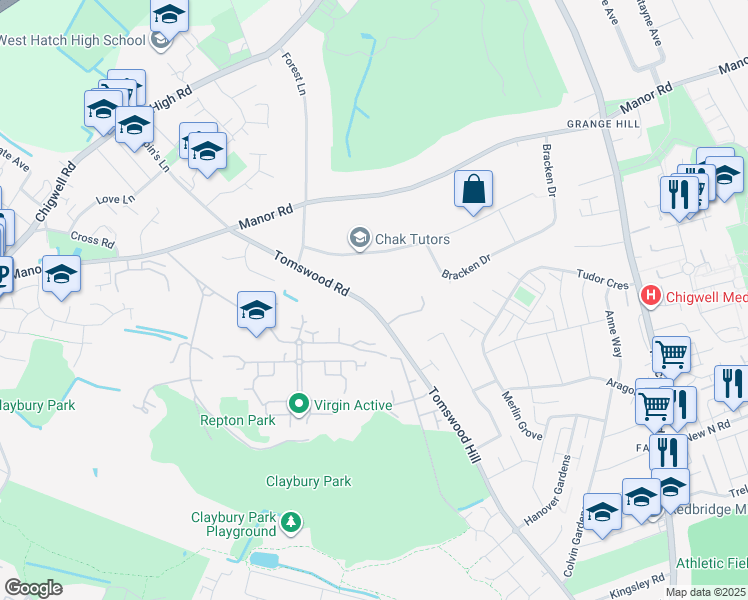 map of restaurants, bars, coffee shops, grocery stores, and more near 30 Tomswood Road in Essex