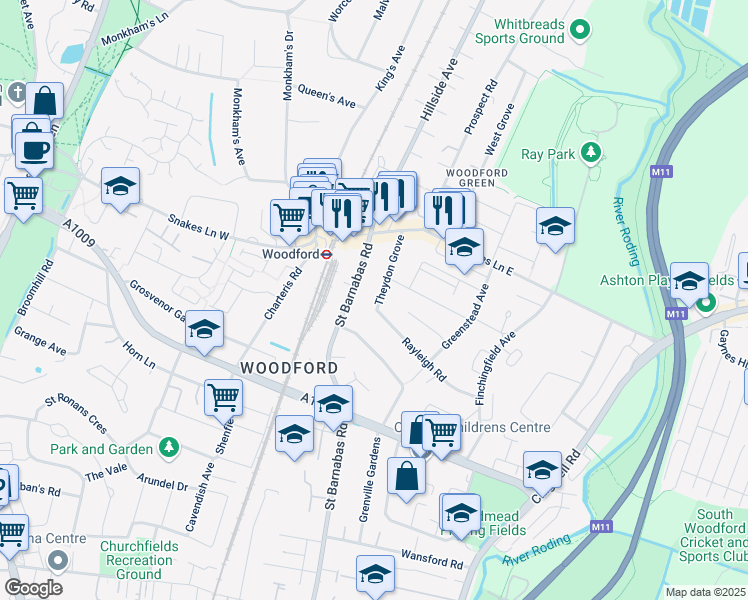 map of restaurants, bars, coffee shops, grocery stores, and more near 45 Theydon Grove in Greater London