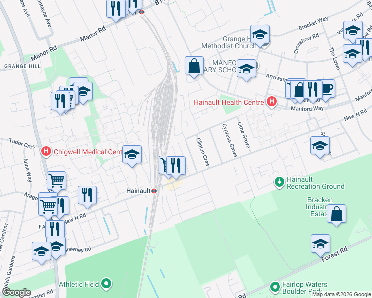 map of restaurants, bars, coffee shops, grocery stores, and more near 39 Clinton Crescent in Greater London