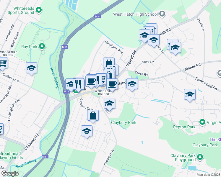 map of restaurants, bars, coffee shops, grocery stores, and more near 657 Chigwell Road in Greater London