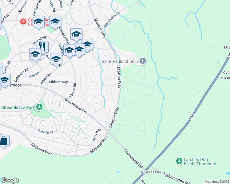 map of restaurants, bars, coffee shops, grocery stores, and more near 21 Pentland Avenue in Thornbury
