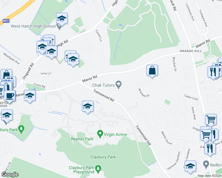 map of restaurants, bars, coffee shops, grocery stores, and more near 2 Stradbroke Drive in Essex