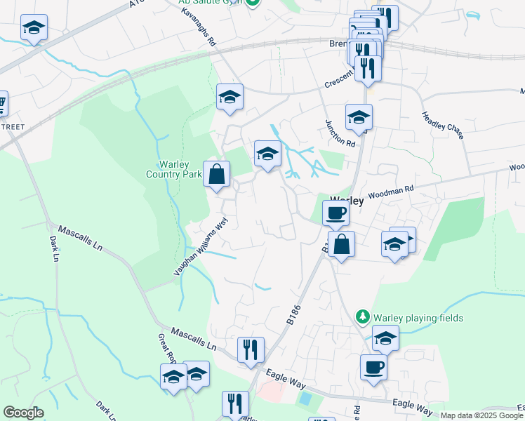 map of restaurants, bars, coffee shops, grocery stores, and more near in Warley