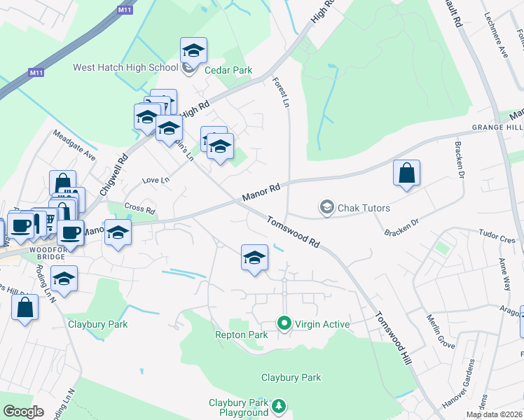 map of restaurants, bars, coffee shops, grocery stores, and more near 8 Tomswood Road in Essex