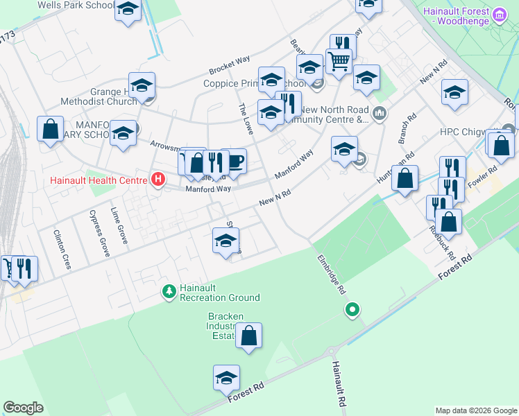map of restaurants, bars, coffee shops, grocery stores, and more near 484-494 New North Road in Greater London