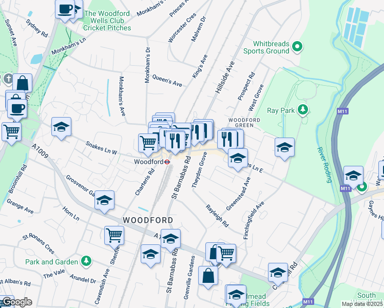 map of restaurants, bars, coffee shops, grocery stores, and more near in Greater London