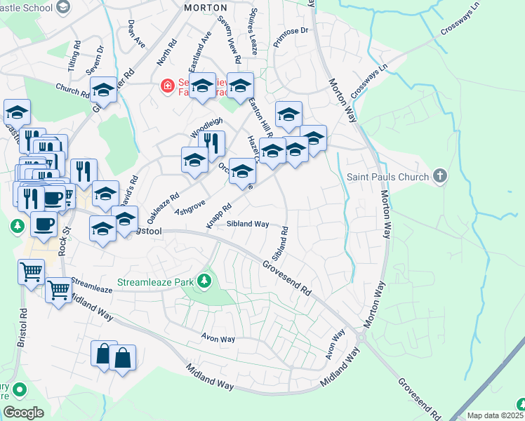 map of restaurants, bars, coffee shops, grocery stores, and more near The Paddocks in Thornbury