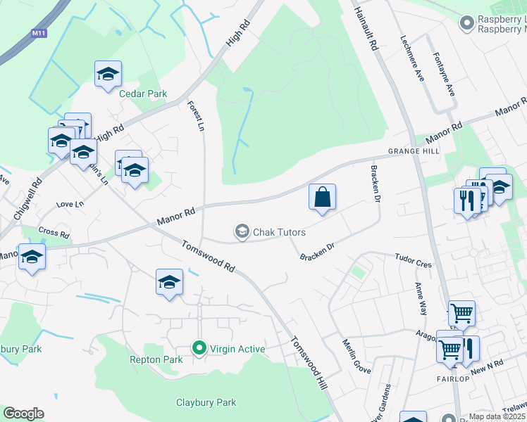 map of restaurants, bars, coffee shops, grocery stores, and more near 62 Manor Road in Essex
