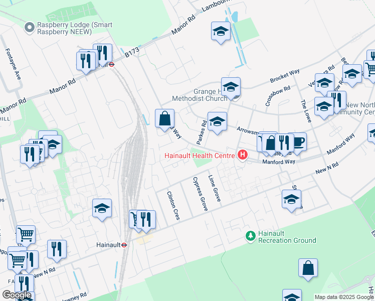 map of restaurants, bars, coffee shops, grocery stores, and more near 92 Manford Way in Ilford