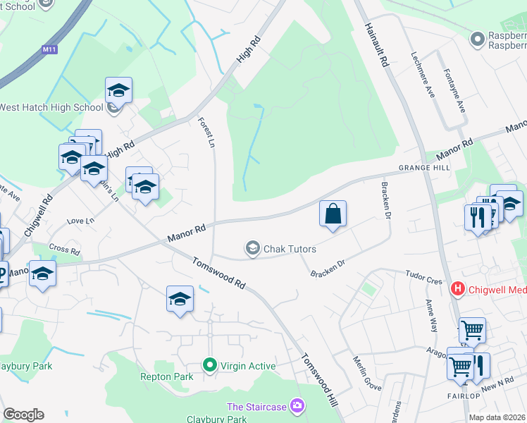 map of restaurants, bars, coffee shops, grocery stores, and more near 62 Manor Road in Essex