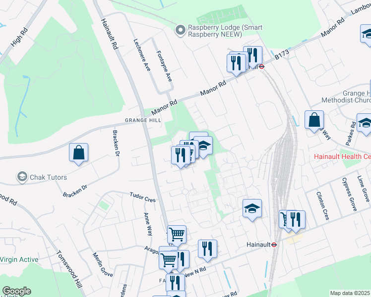 map of restaurants, bars, coffee shops, grocery stores, and more near in Chigwell