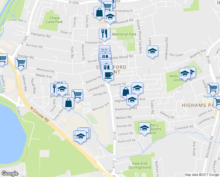 map of restaurants, bars, coffee shops, grocery stores, and more near 26 Chingford Mount Road in London