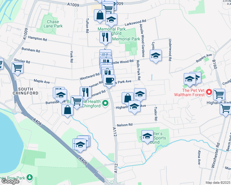 map of restaurants, bars, coffee shops, grocery stores, and more near 24-26 Chingford Mount Road in London