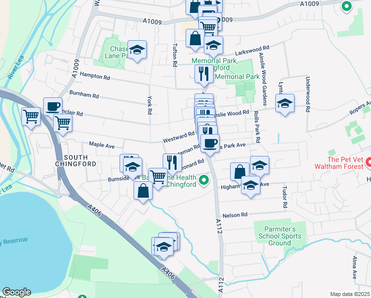 map of restaurants, bars, coffee shops, grocery stores, and more near 23 Westward Road in Greater London