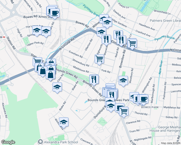 map of restaurants, bars, coffee shops, grocery stores, and more near Maidstone Road in Greater London