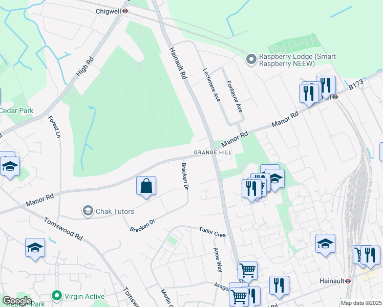 map of restaurants, bars, coffee shops, grocery stores, and more near 112 Manor Road in Essex