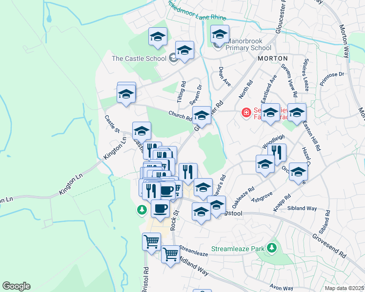 map of restaurants, bars, coffee shops, grocery stores, and more near 7 Gloucester Road in Thornbury
