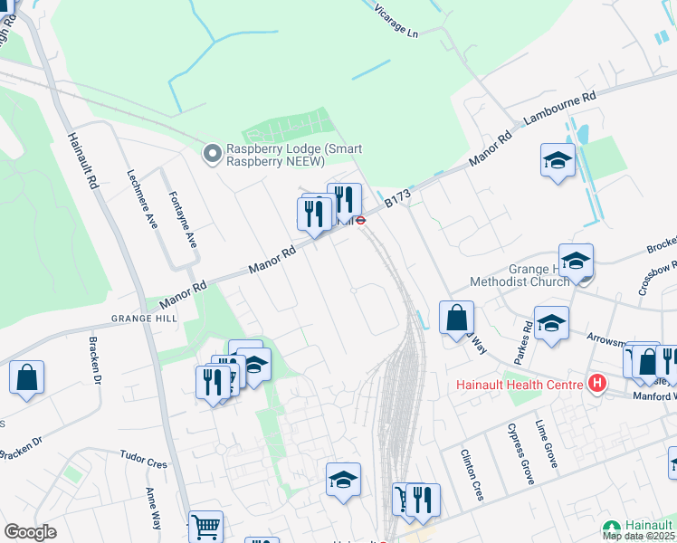 map of restaurants, bars, coffee shops, grocery stores, and more near 20 Grange Crescent in Essex