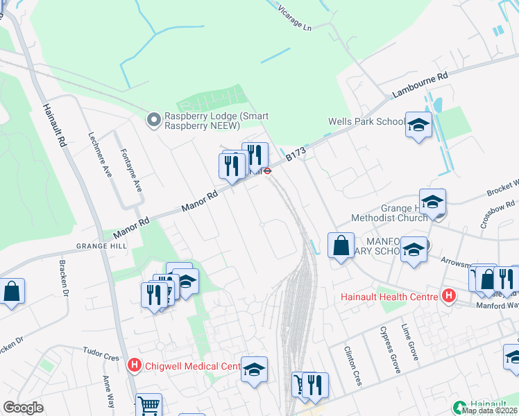 map of restaurants, bars, coffee shops, grocery stores, and more near 20 Grange Crescent in Essex