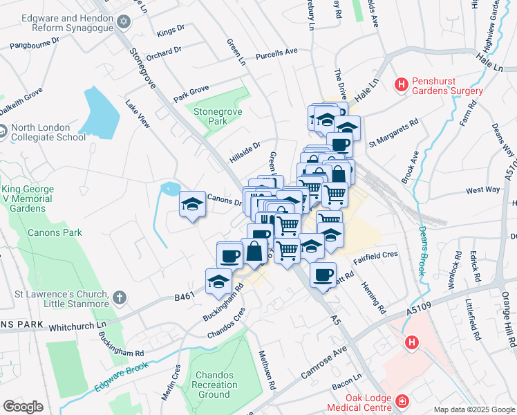 map of restaurants, bars, coffee shops, grocery stores, and more near 136 High Street in Greater London