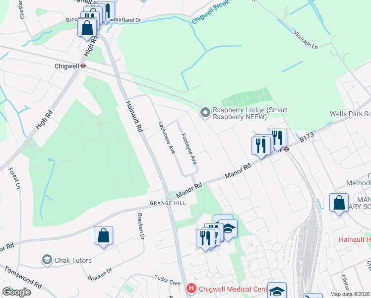 map of restaurants, bars, coffee shops, grocery stores, and more near 32 Fontayne Avenue in Chigwell
