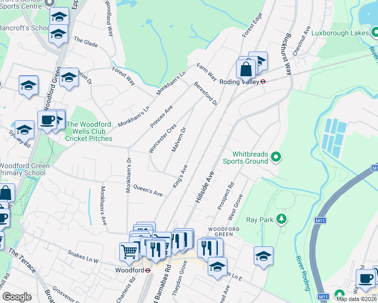 map of restaurants, bars, coffee shops, grocery stores, and more near 101 King's Avenue in Greater London