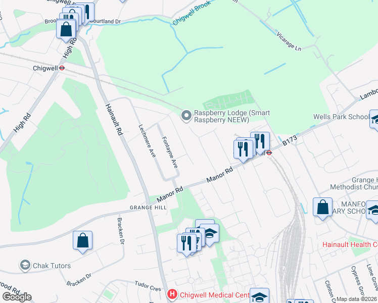 map of restaurants, bars, coffee shops, grocery stores, and more near 12 Dacre Gardens in Essex