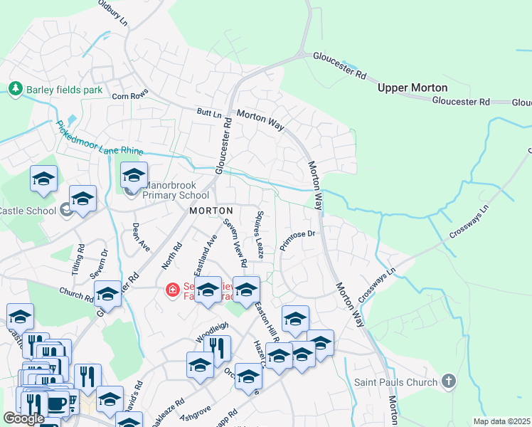map of restaurants, bars, coffee shops, grocery stores, and more near 28 Squires Leaze in Thornbury