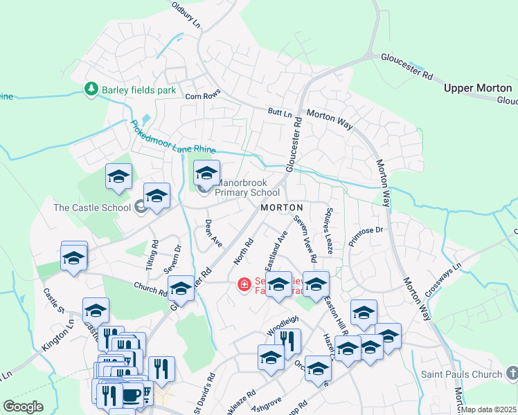 map of restaurants, bars, coffee shops, grocery stores, and more near 85 Gloucester Road in Thornbury