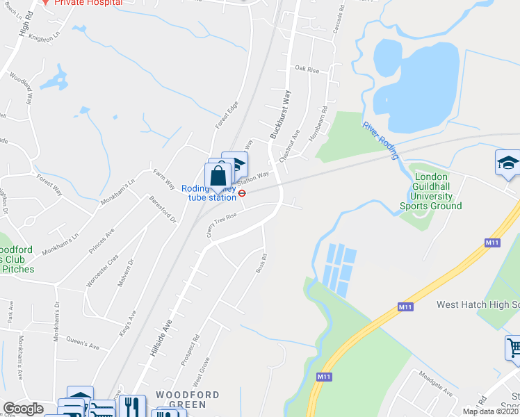 map of restaurants, bars, coffee shops, grocery stores, and more near 12 Cherry Tree Rise in Greater London