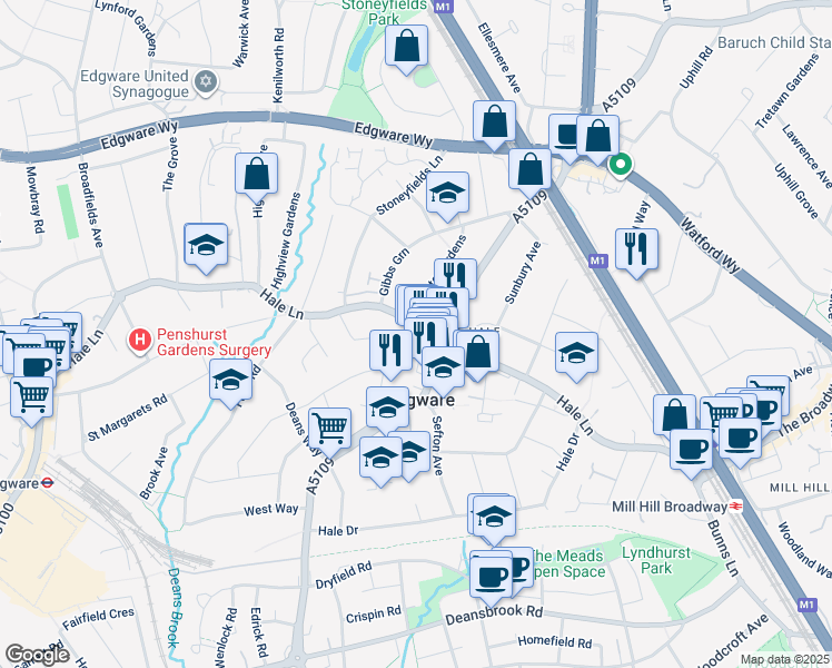 map of restaurants, bars, coffee shops, grocery stores, and more near Hale Lane in Edgware