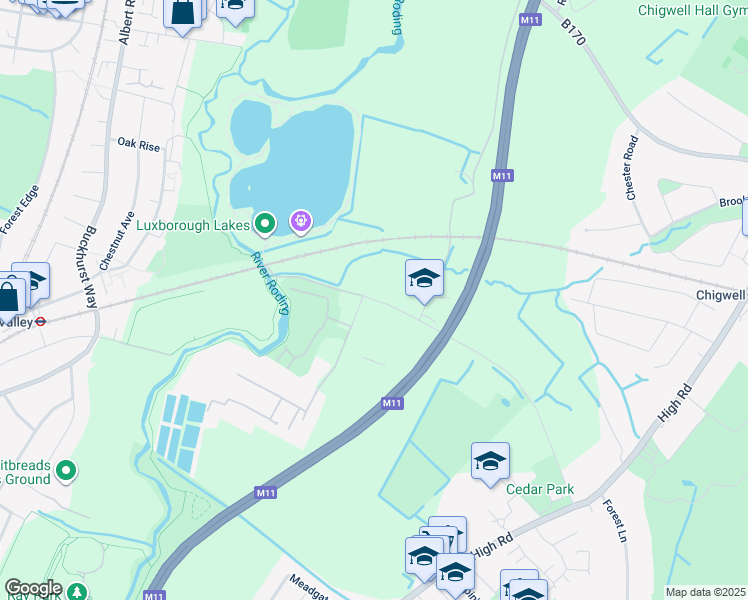 map of restaurants, bars, coffee shops, grocery stores, and more near 112 Luxborough Lane in Essex