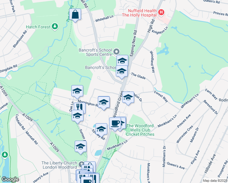 map of restaurants, bars, coffee shops, grocery stores, and more near 3 Woodside Road in Woodford