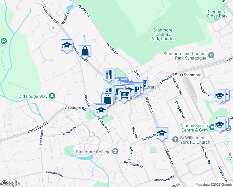 map of restaurants, bars, coffee shops, grocery stores, and more near  in Stanmore