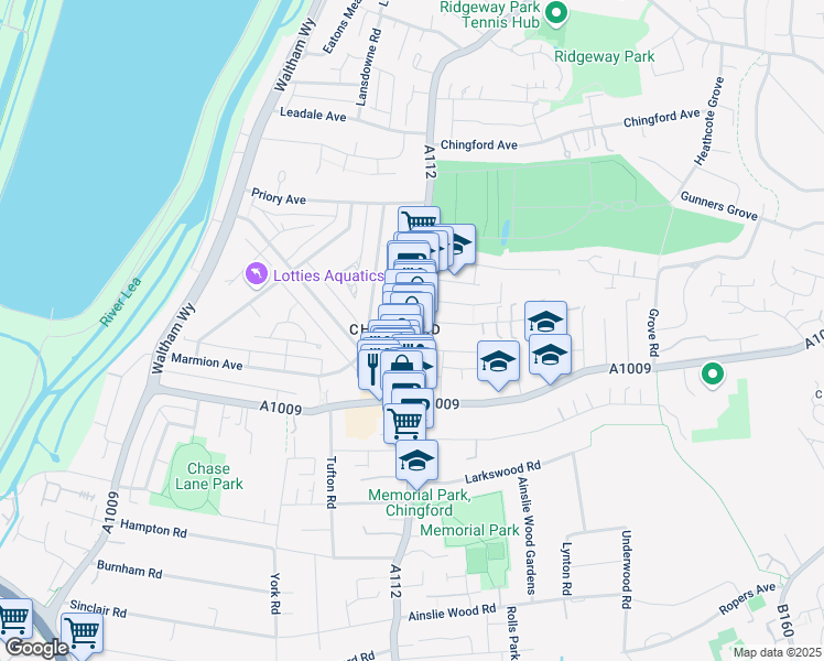 map of restaurants, bars, coffee shops, grocery stores, and more near Old Church Road in Greater London