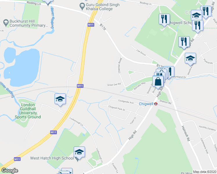 map of restaurants, bars, coffee shops, grocery stores, and more near 9 Great Owl Road in Essex