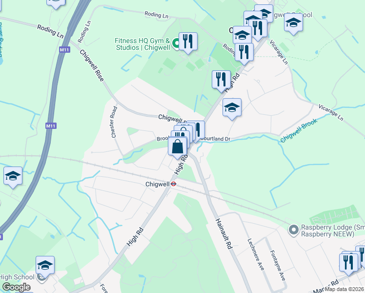 map of restaurants, bars, coffee shops, grocery stores, and more near Brook Parade in Essex
