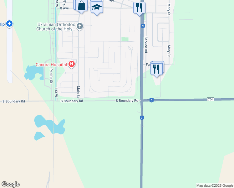 map of restaurants, bars, coffee shops, grocery stores, and more near 299 Parker Crescent in Canora