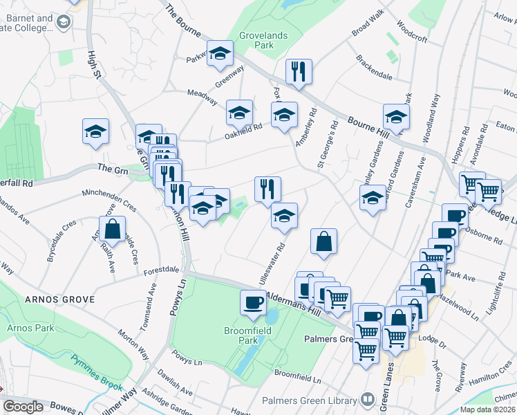 map of restaurants, bars, coffee shops, grocery stores, and more near 90 Conway Road in Greater London