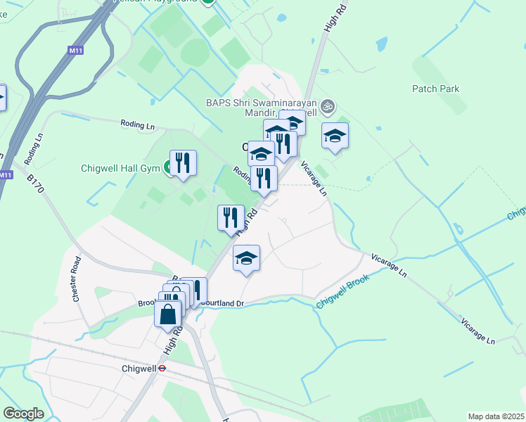 map of restaurants, bars, coffee shops, grocery stores, and more near 72 High Road in Essex